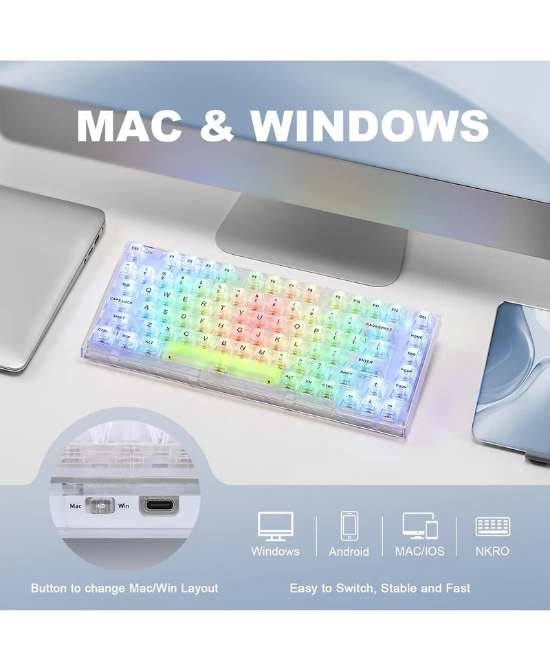 Yunzii X75 82 Key Hot Swappable Mechanical Keyboard with Transparent Keycaps, 75% Layout Gasket Mount Rgb Backlit Crystal White Switch, Wired