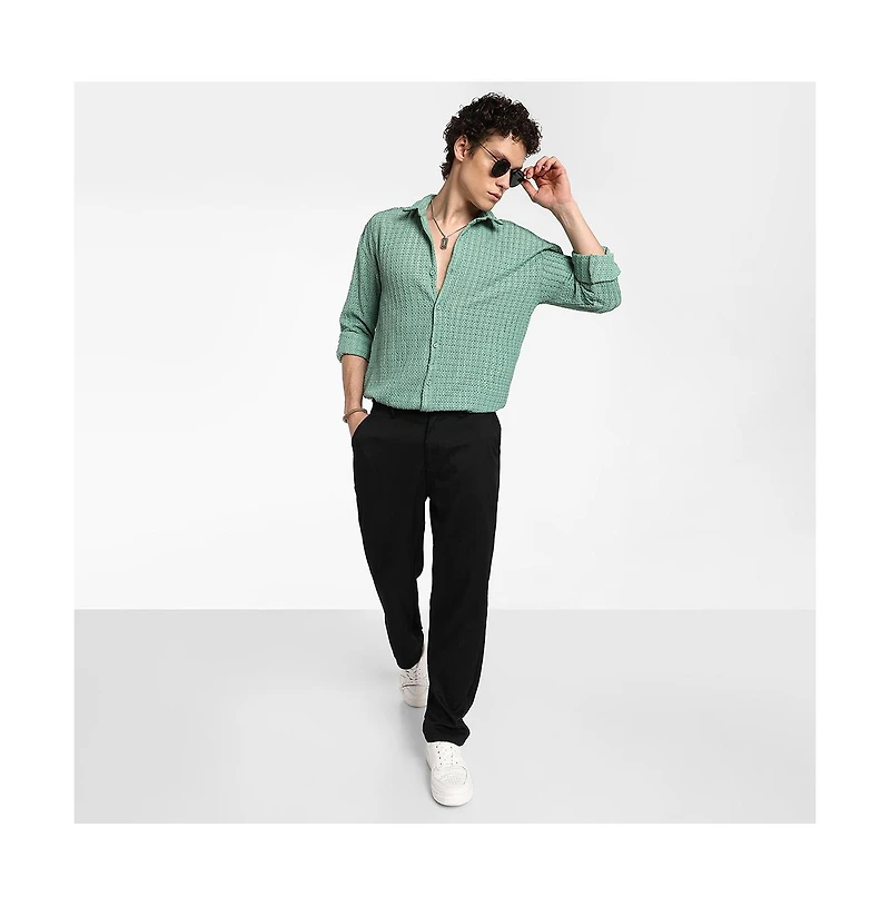 Campus Sutra Men's Sea Green Hollow Knit Oversized Shirt