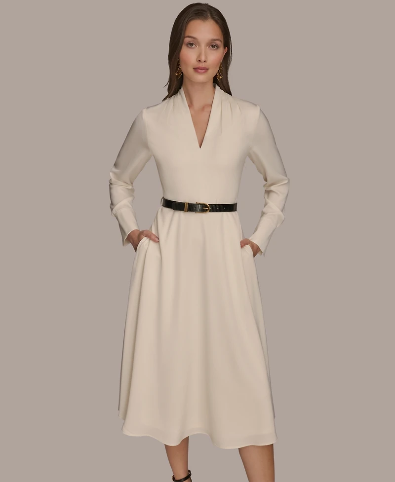 Donna Karan New York Women's Satin V-Neck Belted A-Line Midi Dress