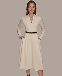 Donna Karan New York Women's Satin V-Neck Belted A-Line Midi Dress