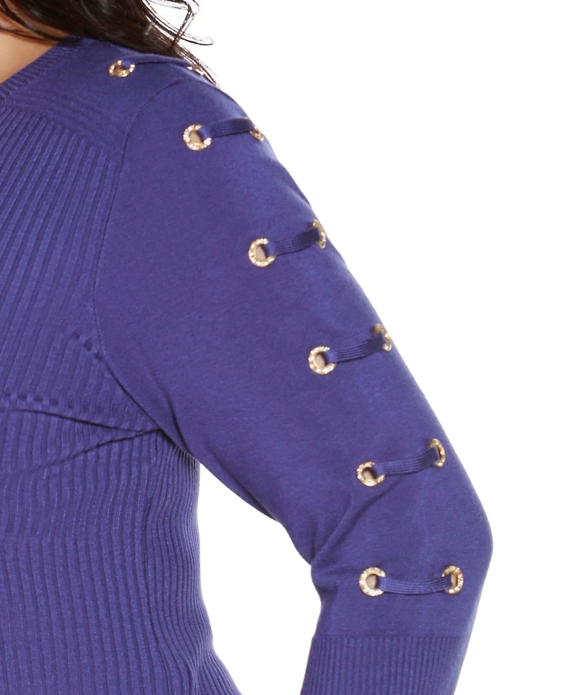 Belldini Plus Grommet-Trim Ribbed Sweater