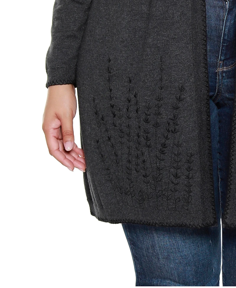 Belldini Plus Embroidered Open-Front Cardigan Sweater