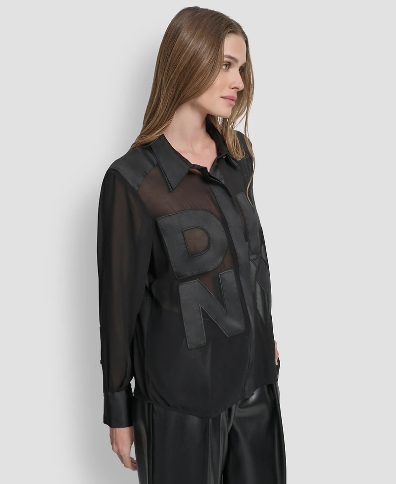 Dkny Women's Long Sleeve Chiffon Logo Button Front Top