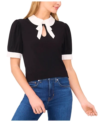 CeCe Women's Tie Collar Short Sleeves Top