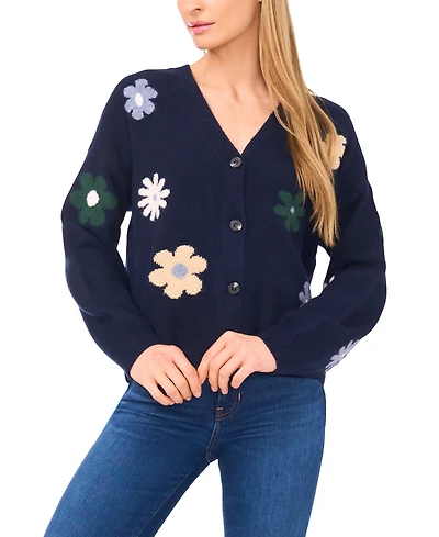 CeCe Women's Flower Pattern V-Neck Cardigan Sweater