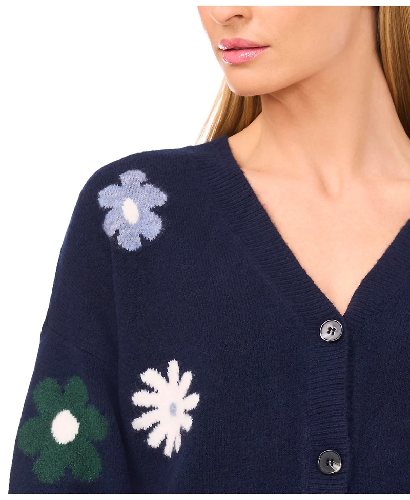 CeCe Women's Flower Pattern V-Neck Cardigan Sweater