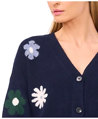 CeCe Women's Flower Pattern V-Neck Cardigan Sweater