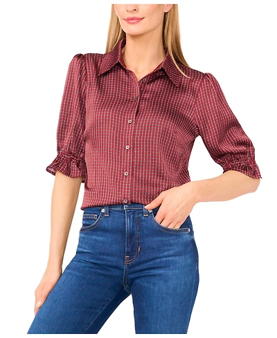 CeCe Women's Balloon Short Sleeves Button Down Shirt