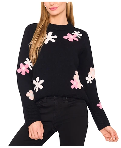 CeCe Women's Crewneck Flower Patterned Knit Long-Sleeve Sweater