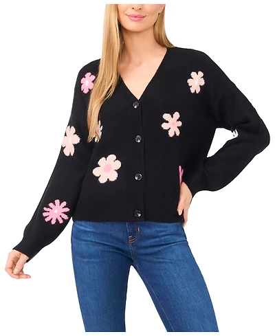 CeCe Women's Flower Pattern V-Neck Cardigan Sweater