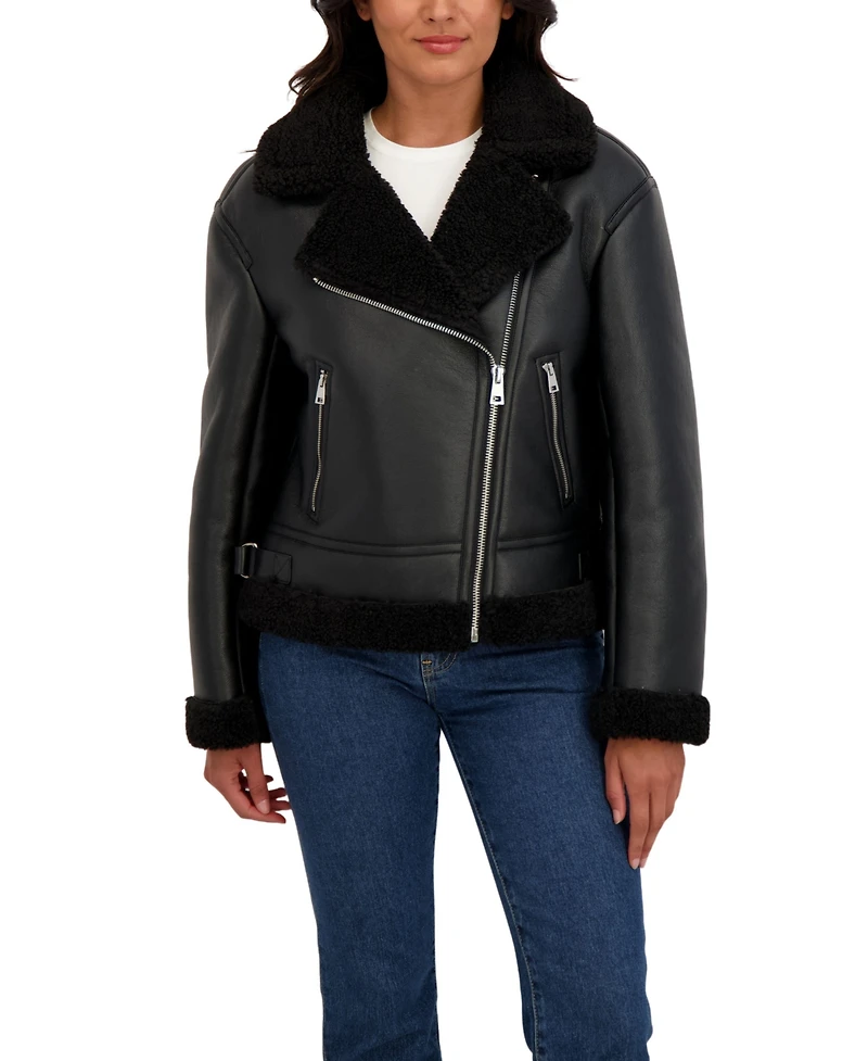 Sebby Collection Women's Assymetrical Moto Faux Shearling Jacket