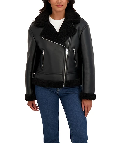 Sebby Collection Women's Assymetrical Moto Faux Shearling Jacket