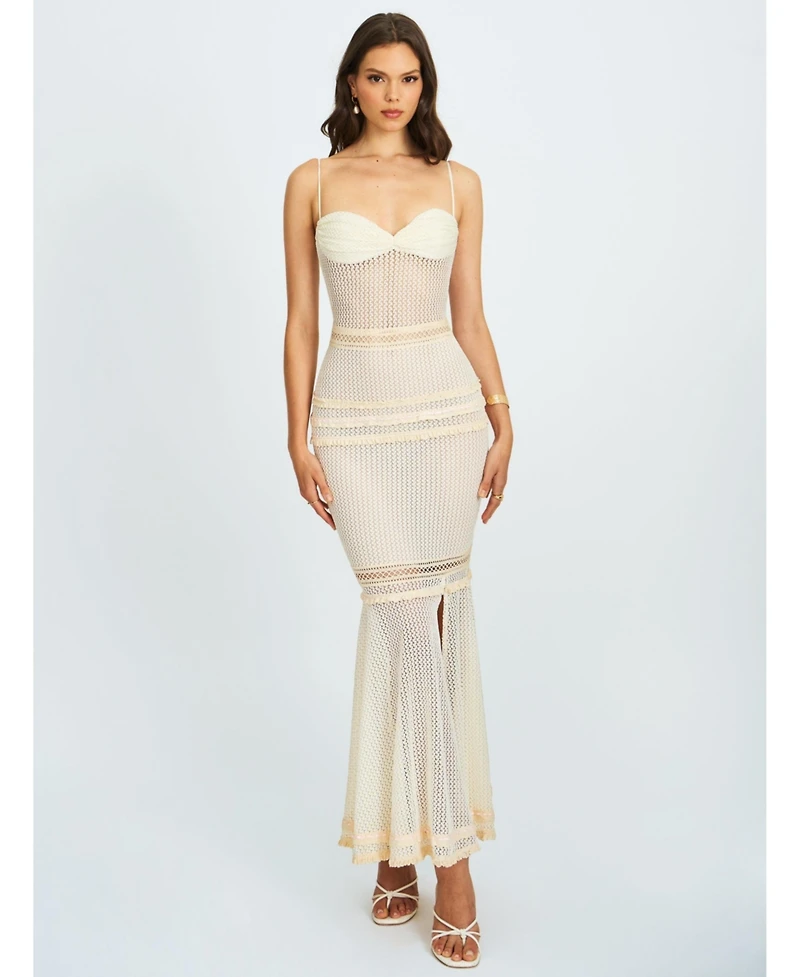 Miss Circle Women's Pallas Beige Lace Trim Crochet Mermaid Maxi Dress