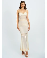 Miss Circle Women's Pallas Beige Lace Trim Crochet Mermaid Maxi Dress
