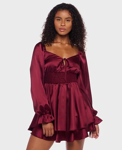 B Darlin Juniors' Satin Tie-Neck Smocked-Waist Dress