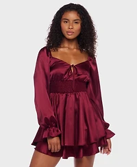 B Darlin Juniors' Satin Tie-Neck Smocked-Waist Dress