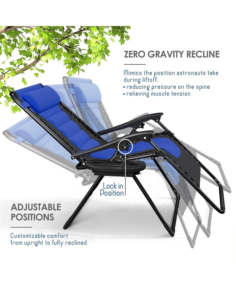 Nestl Padded Zero Gravity Chair - Extra Wide Outdoor Recliners with Adjustable Headrest, Lock-in Position & Cup Holder