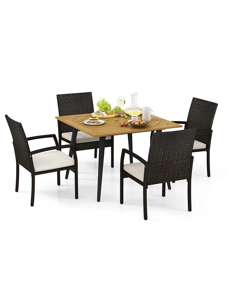 Gymax 5PCS Patio Pe Wicker Dining Set 42.5'' Table w/ 1.9'' Umbrella Hole Chairs
