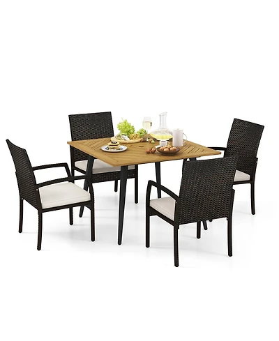 Gymax 5PCS Patio Pe Wicker Dining Set 42.5'' Table w/ 1.9'' Umbrella Hole Chairs