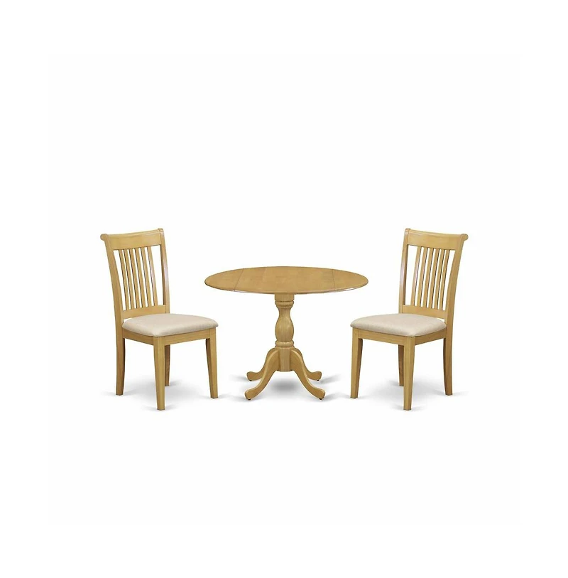 East West Furniture 3 Piece Dining Table Set - Oak Wood Dining Table and 2 Oak Linen Fabric Chairs for Dining Room with Slatted back - Oak Finish