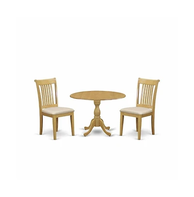 East West Furniture 3 Piece Dining Table Set - Oak Wood Dining Table and 2 Oak Linen Fabric Chairs for Dining Room with Slatted back - Oak Finish