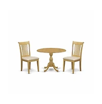 East West Furniture 3 Piece Dining Table Set - Oak Wood Dining Table and 2 Oak Linen Fabric Chairs for Dining Room with Slatted back - Oak Finish