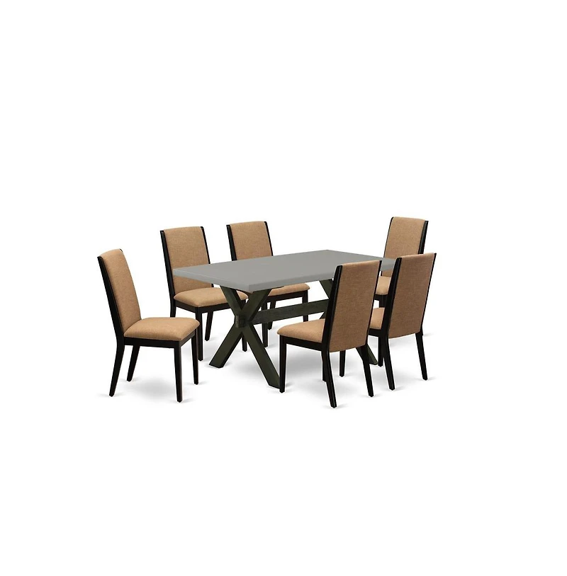 East West Furniture 7-Piece Beautiful Dining Room Set a Superb Cement Color Kitchen Rectangular Table Top and 6 Gorgeous Linen Fabric Parson Chairs wi