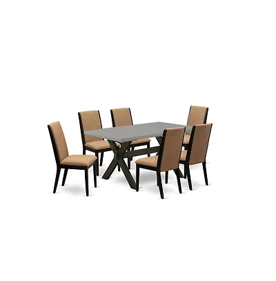 East West Furniture 7-Piece Beautiful Dining Room Set a Superb Cement Color Kitchen Rectangular Table Top and 6 Gorgeous Linen Fabric Parson Chairs wi