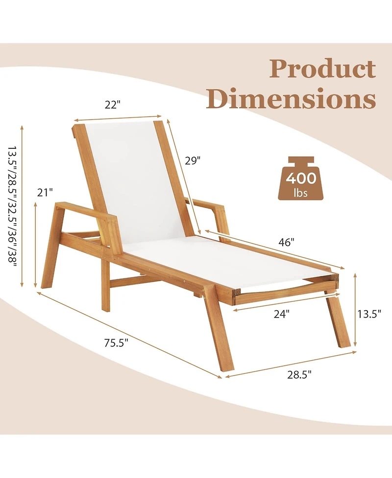 Costway Outdoor Chaise Lounge with Adjustable 5-position Backrest Solid Wood Frame