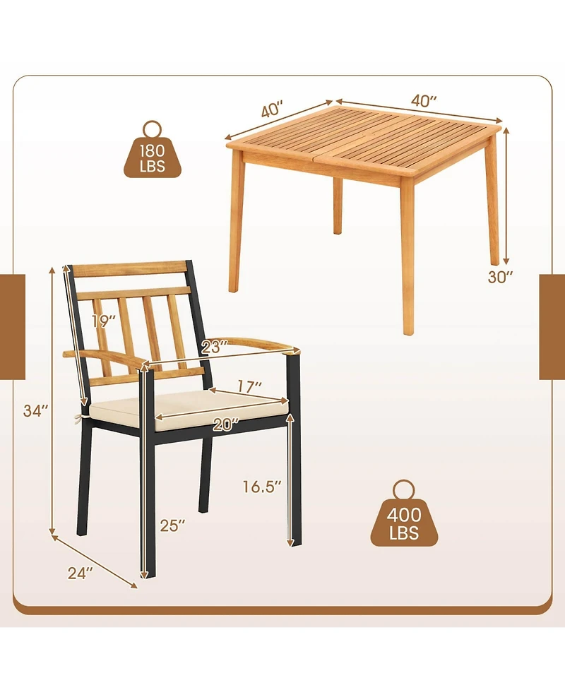 Gymax Set Of 5 Patio Acacia Wood Dining Set w/ Soft Seat Cushions Umbrella Hole for Yard