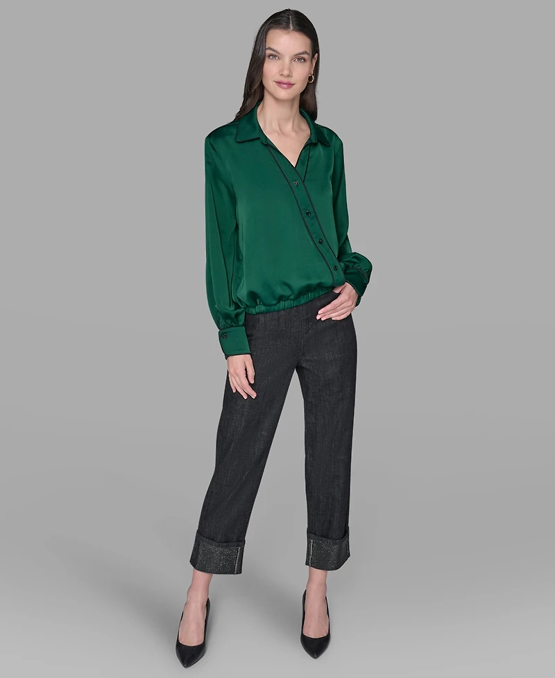 Karl Lagerfeld Paris Petite Crossover Woven Long Sleeve Blouse
