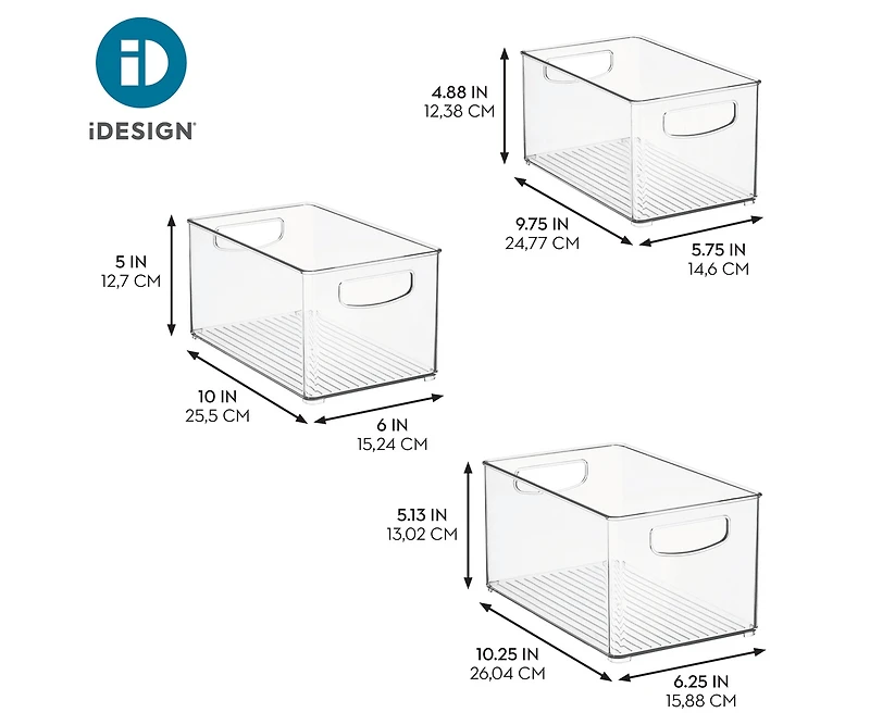 iDesign Plastic Storage Bins with Handles - Set of 3 - Clear