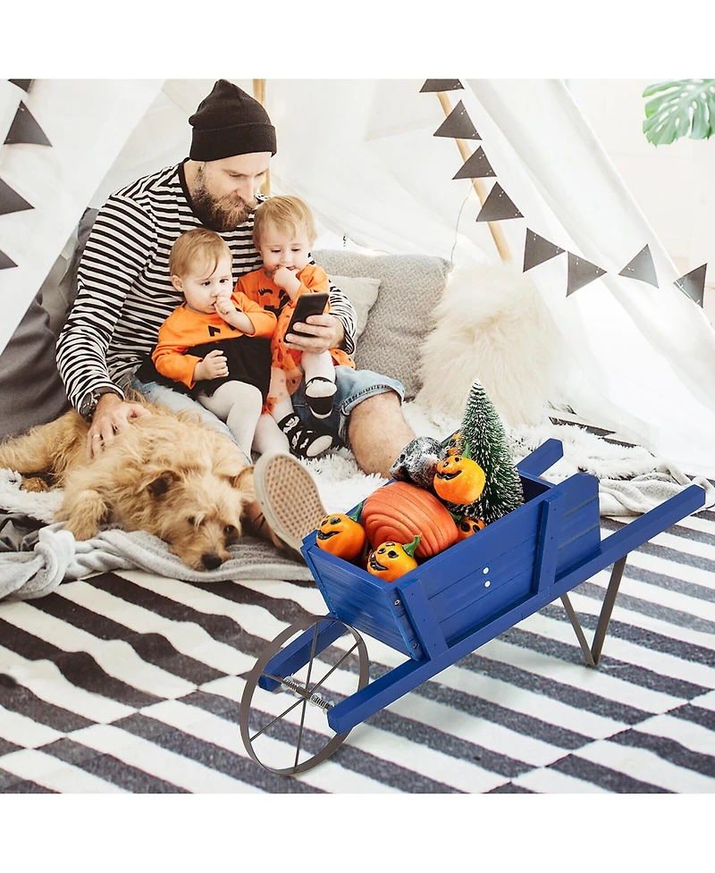 Gymax Wooden Wagon Planter Decorative Indoor/Outdoor Rustic Flower Cart w/Wheel