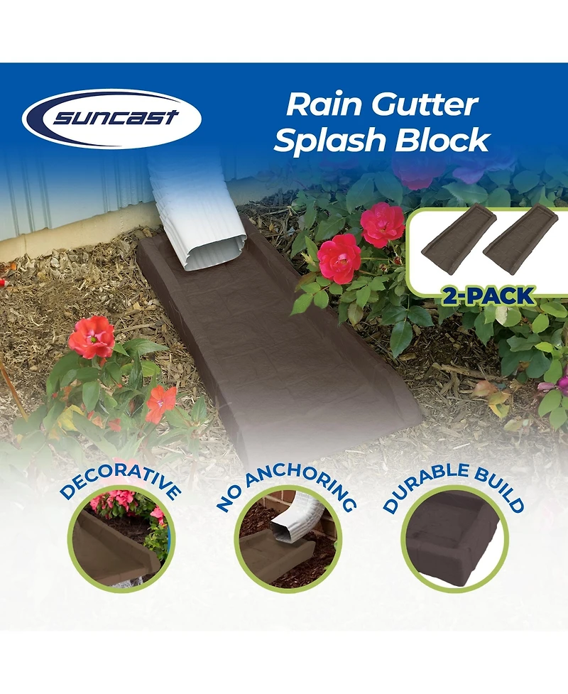 Suncast Outdoor Decorative Rain Gutter Downspout Splash Block, Java (2 Pack)