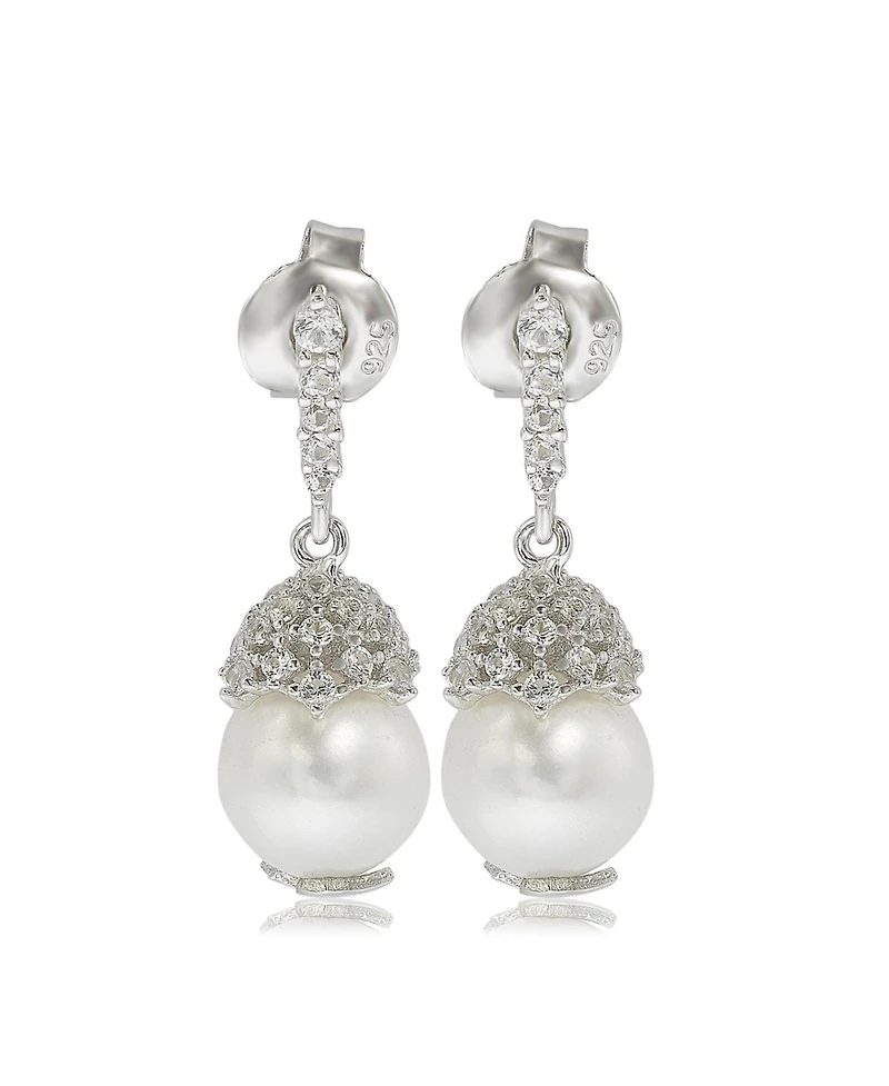 Suzy Levian Sterling Silver Pearl & White Sapphire Crown Earrings