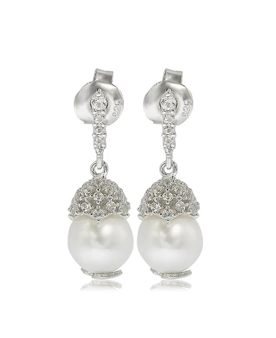 Suzy Levian Sterling Silver Pearl & White Sapphire Crown Earrings