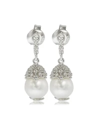 Suzy Levian Sterling Silver Pearl & White Sapphire Crown Earrings