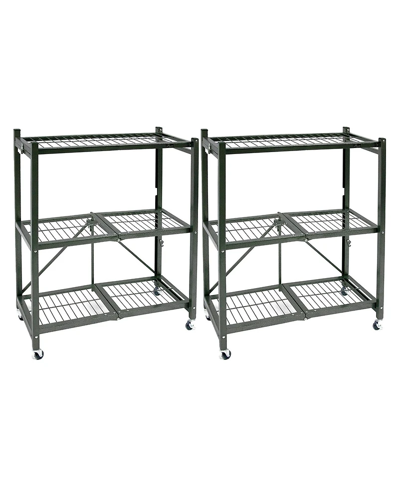 Origami R3 Foldable 3-Tiered Shelf Storage Rack & Wheels, Pewter (2 Pack)