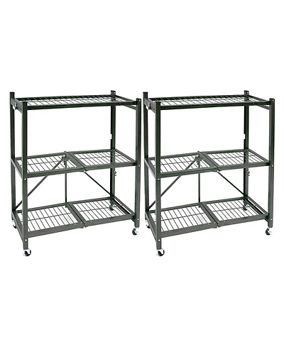 Origami R3 Foldable 3-Tiered Shelf Storage Rack & Wheels, Pewter (2 Pack)