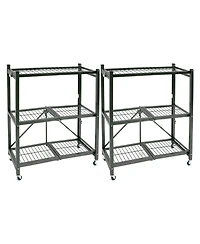Origami R3 Foldable 3-Tiered Shelf Storage Rack & Wheels, Pewter (2 Pack)