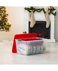 Iris Usa 94 Quart Stackable Holiday Plastic Storage Bins with Lids and Latching Buckles, Clear/Red - 2 Pack