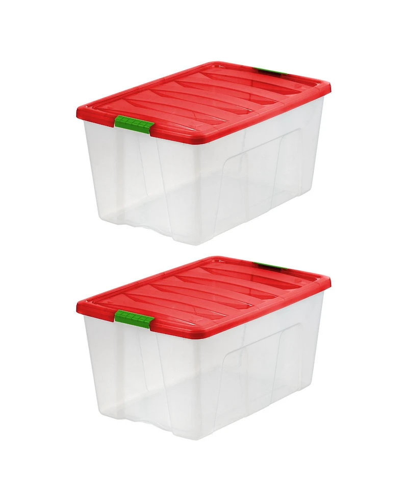 Iris Usa 94 Quart Stackable Holiday Plastic Storage Bins with Lids and Latching Buckles, Clear/Red - 2 Pack