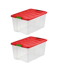 Iris Usa 94 Quart Stackable Holiday Plastic Storage Bins with Lids and Latching Buckles, Clear/Red - 2 Pack