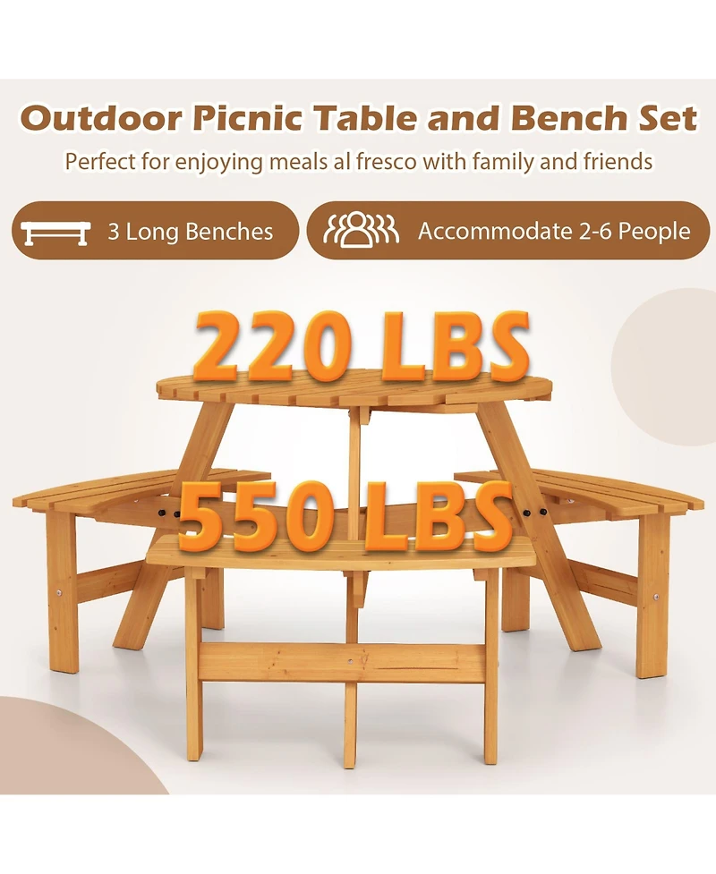 Gymax 6-Person Round Picnic Table Set w/ 3 Built-in Benches 2'' Umbrella Hole