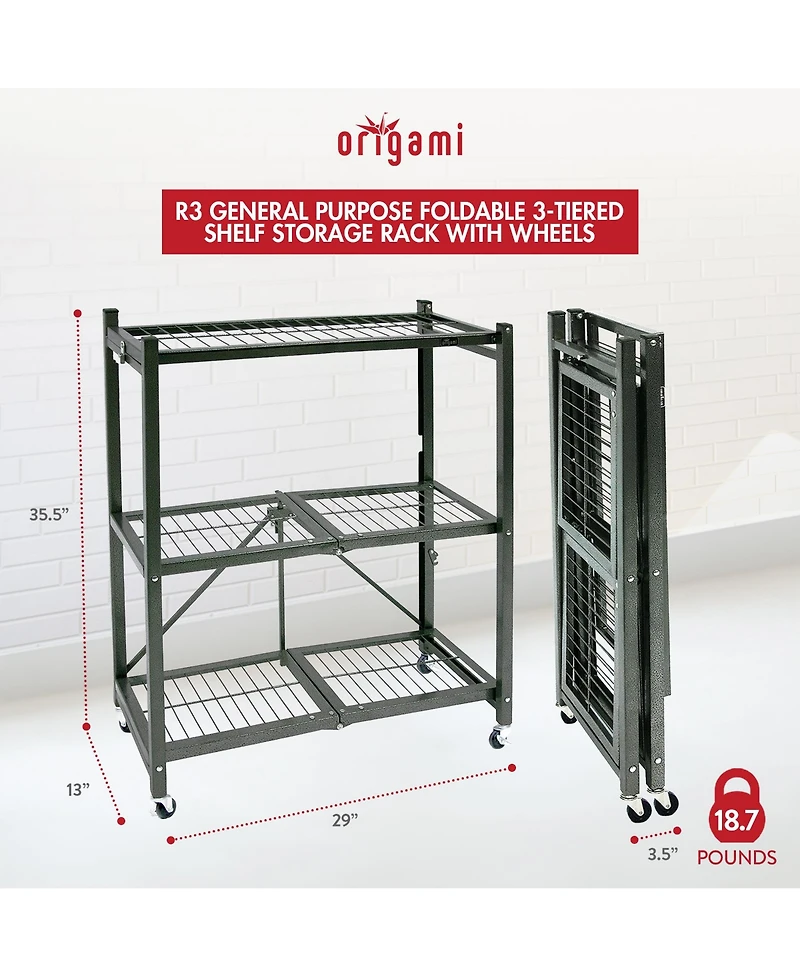 Origami R3 General Purpose Foldable 3-Tiered Shelf Storage Rack & Wheels, Pewter