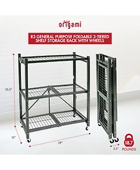 Origami R3 General Purpose Foldable 3-Tiered Shelf Storage Rack & Wheels, Pewter