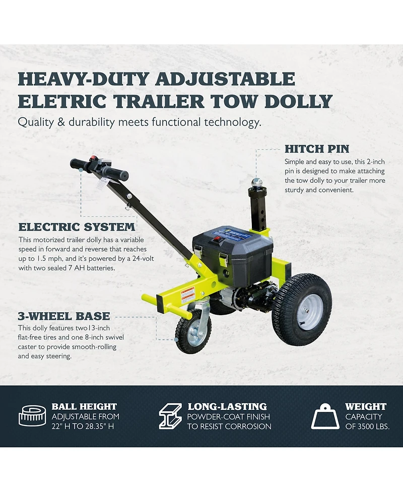 Tow Tuff Tmd-35ETD8 Adjustable 3500 Lbs Capacity Electric Trailer Dolly, Green