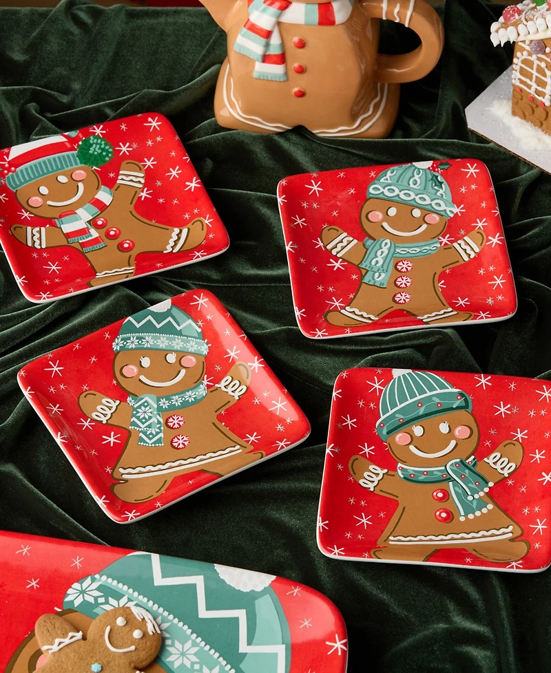 Certified International Christmas Whimsy Gingerbread Canape Plates, Set of 4