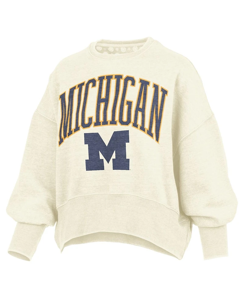 Pressbox Women's Natural Michigan Wolverines Oversized Waist-Length Crewneck Sweatshirt