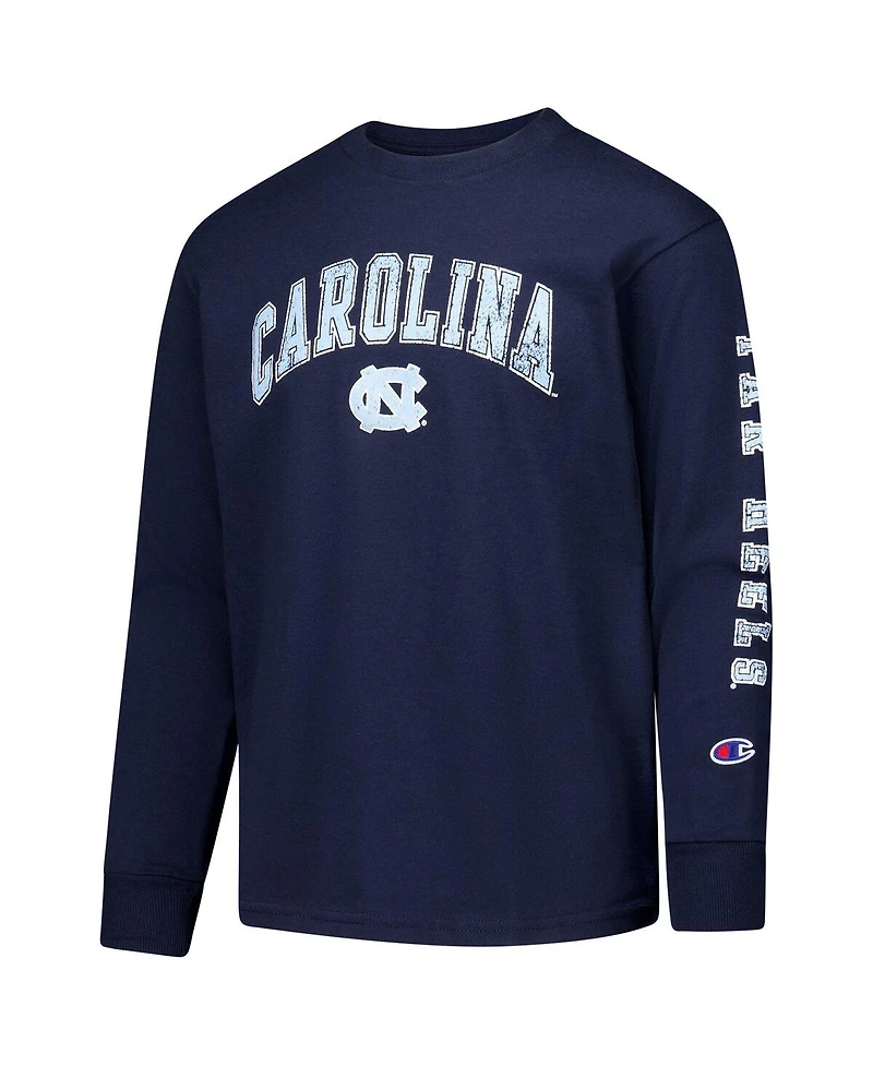Champion Big Boys and Girls Navy North Carolina Tar Heels Distressed Arch Over Logo Long Sleeve T-Shirt